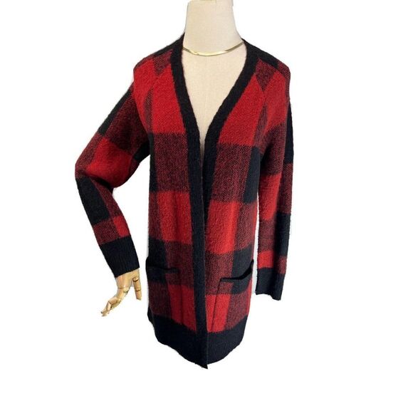 Lucky Brand Cardigan Sweater Size Small Black Red Buffalo Plaid Open Front Mid - Picture 1 of 7